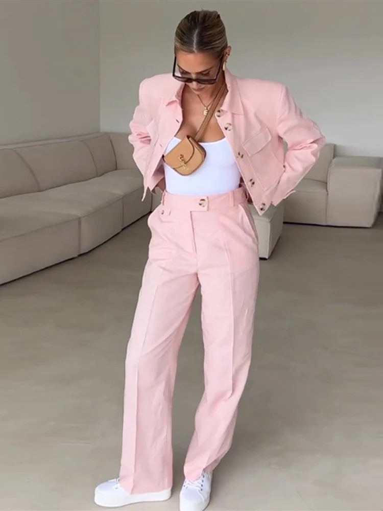 

Suit Straight Pants Baddie Two Pieces Sets Female Chic Outfits Pink Cropped Blazer Jacket Long Pant Sets For Women Summer Pocket