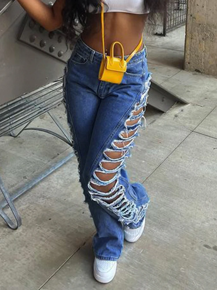 

WeiYao Chic Ripped Jeans Streetwear Straight Leg Denim Pants Sexy Club Women Trousers Harajuku Cut Out Casual Furry Edge Jeans