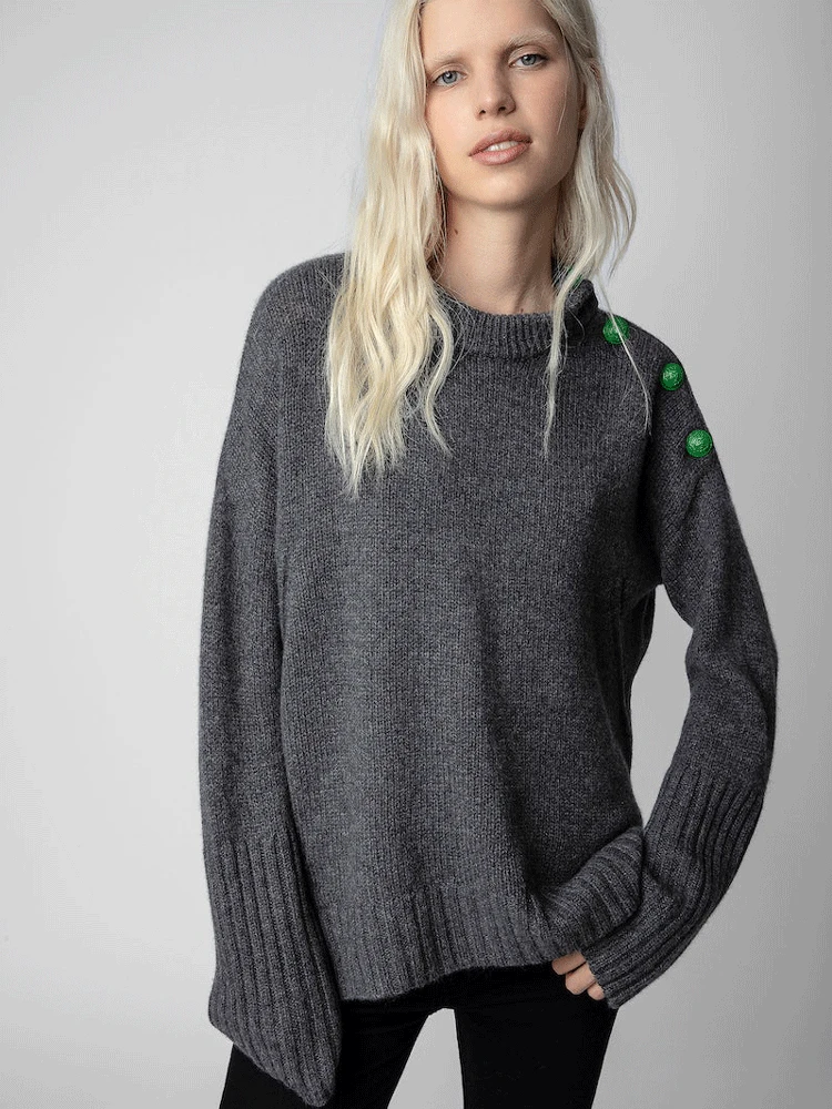 2023 Women Sweaters Long Sleeve Grey Round Neck Pure Cashmere Sweater with Shoulder Buttons