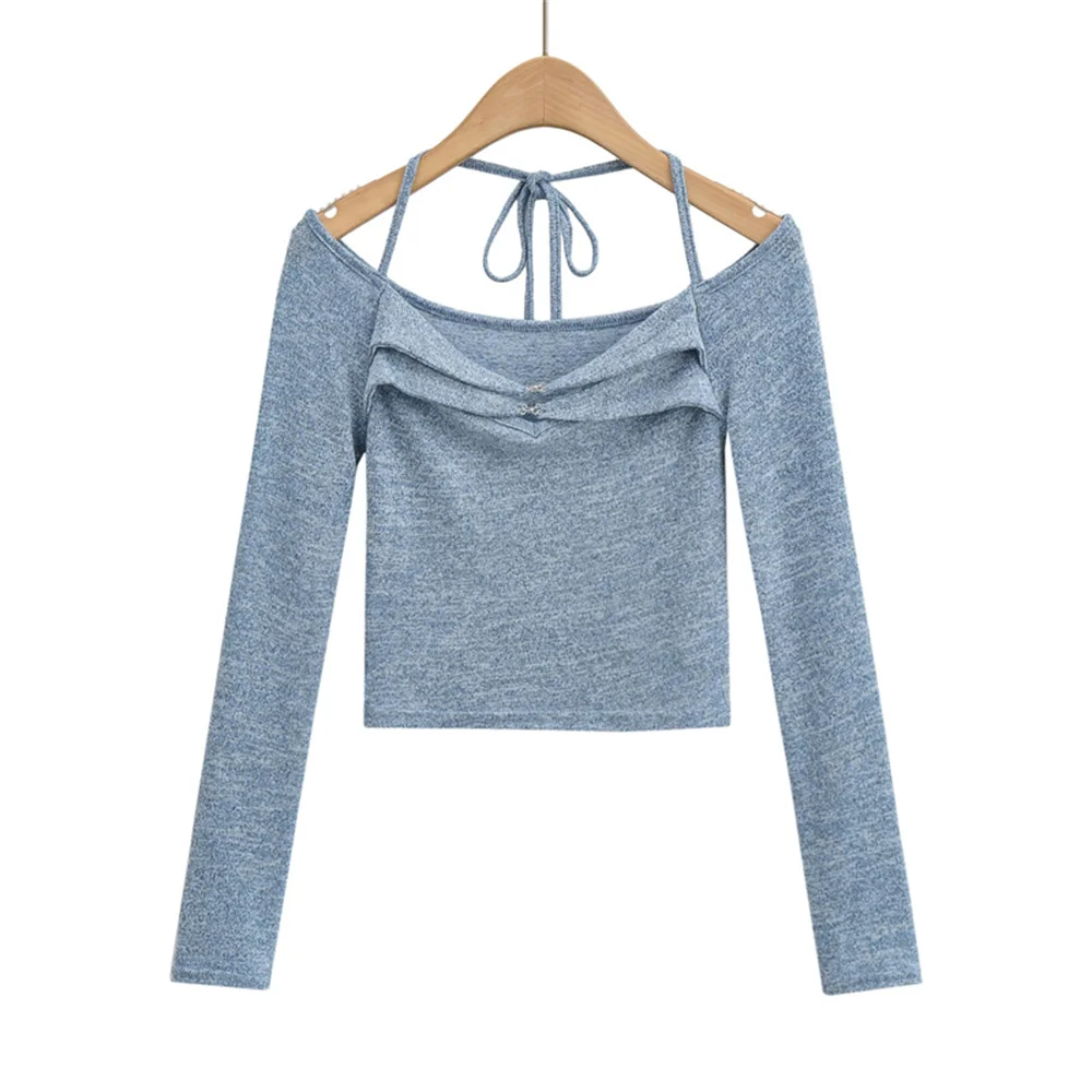 

Summer new casual solid color one-word collar long-sleeved T-shirt women's elastic tight-fitting lace-up buckle short T-shirt