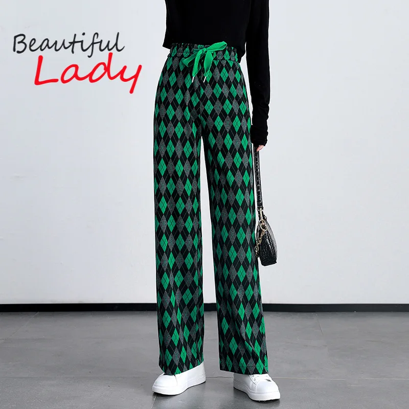 

Новинка весна-осень 2022, клетчатые широкие брюки, женские брюки с высокой талией, свободные прямые брюки, брюки с Кулиской