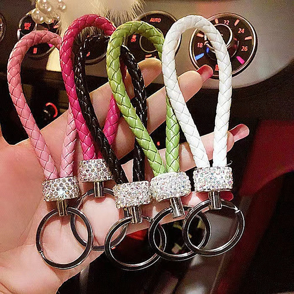 

Colorful Hand Woven Leather Keychain Luxury Crystal Encrusted Keyring For Women Bag Ornaments Men Car Key Jewelry Accessories