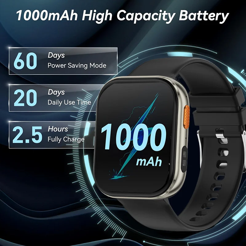 Фото Умные часы HSVYGFIT с HD-экраном 2,04 дюйма, аккумулятором 1000 мАч, фонариком, более 100 спортивными режимами, функцией Bluetooth-звонков, водонепроницаемые, для мужчин и женщин №5