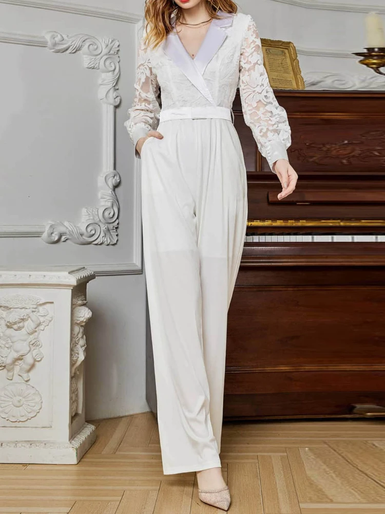 

Jumpsuit 23 Spring Autumn New Temperament Lace Long Sleeve Chiffon Wide Leg Pants Fashion Splice Jumpsuit Suitable for Banquets