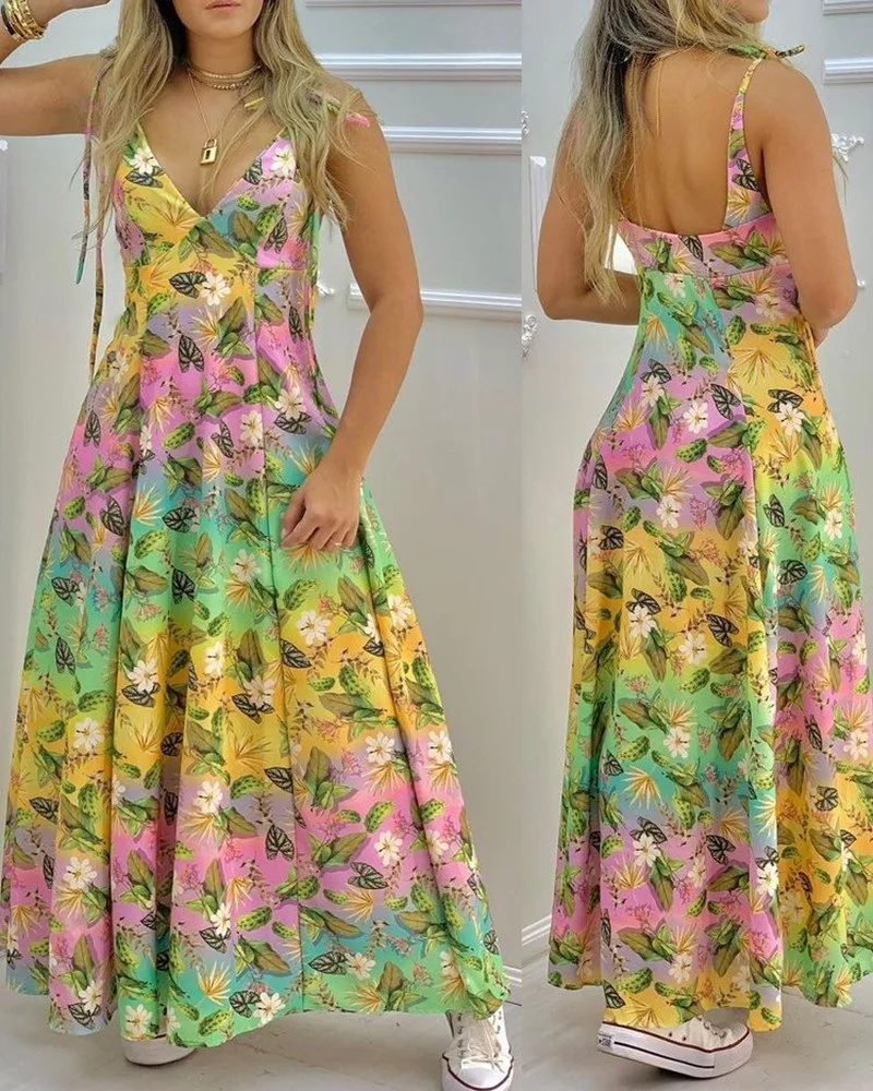 

Summer Fashion Women's Sling Sleeveless Print Dress Women Casual V-Neck Casual Sexy Party Long Dresses Female & Lady Clothing