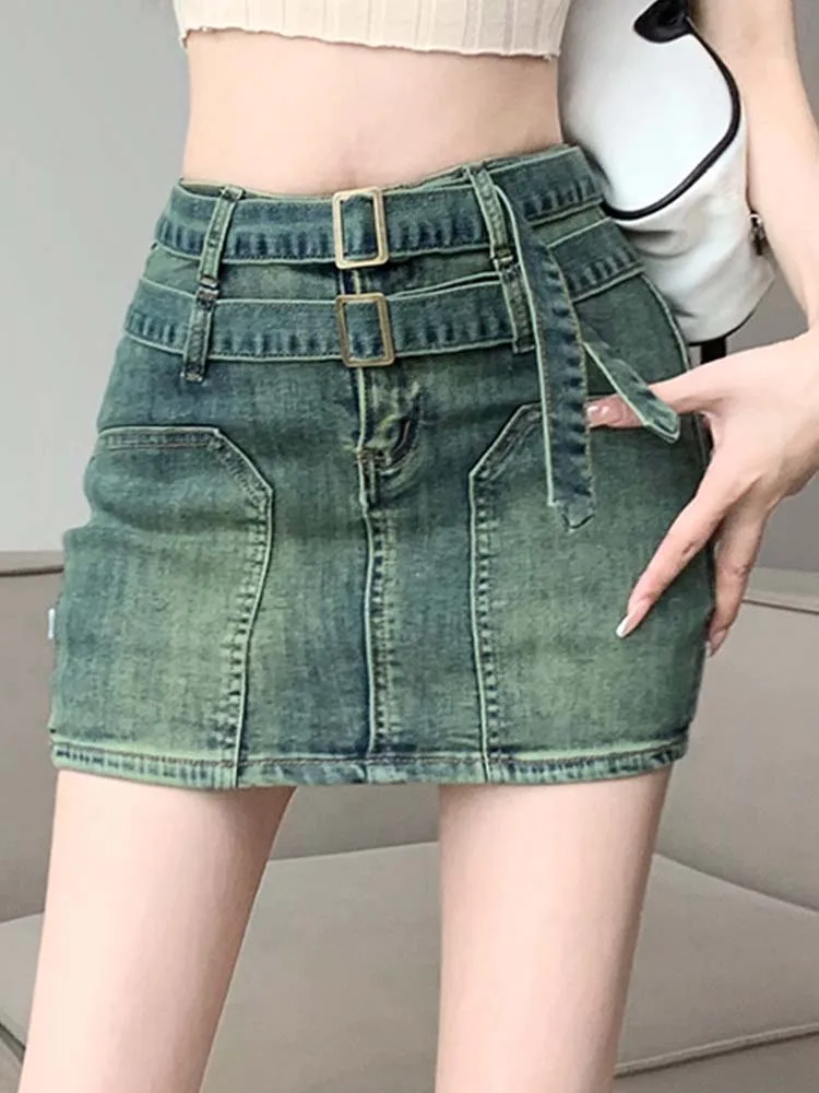 

Vintage Double Belt Denim Skirt With High Waist And Buttocks Short Skirt 2023 New Fashionable Women'S Clothing