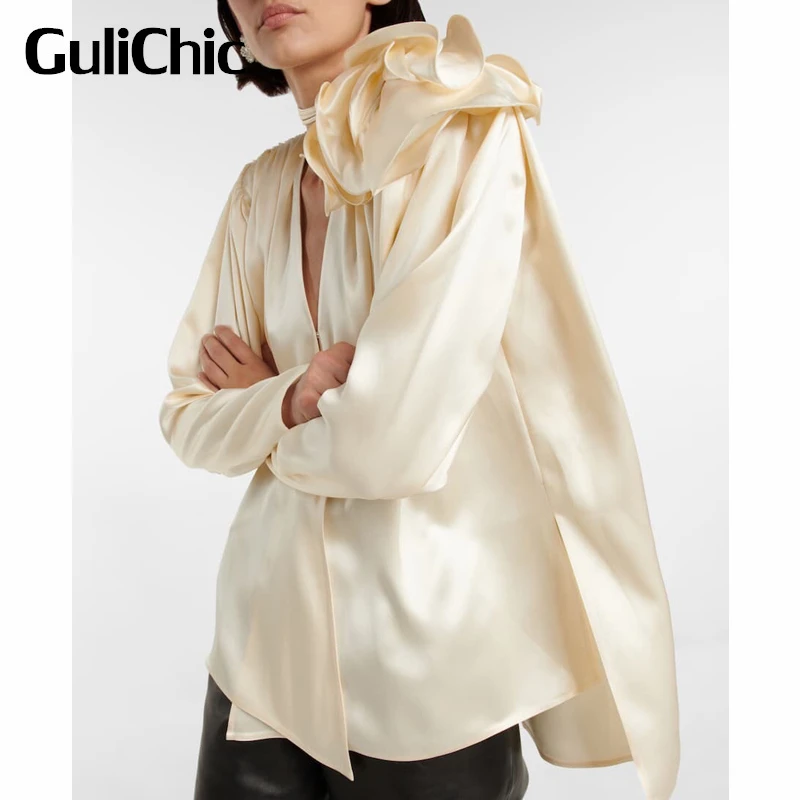 8.23 GuliChic Women Flower Lace-Up Decoration Hidden Breasted Shoulder Pads Loose Elegant Fashion Shirt