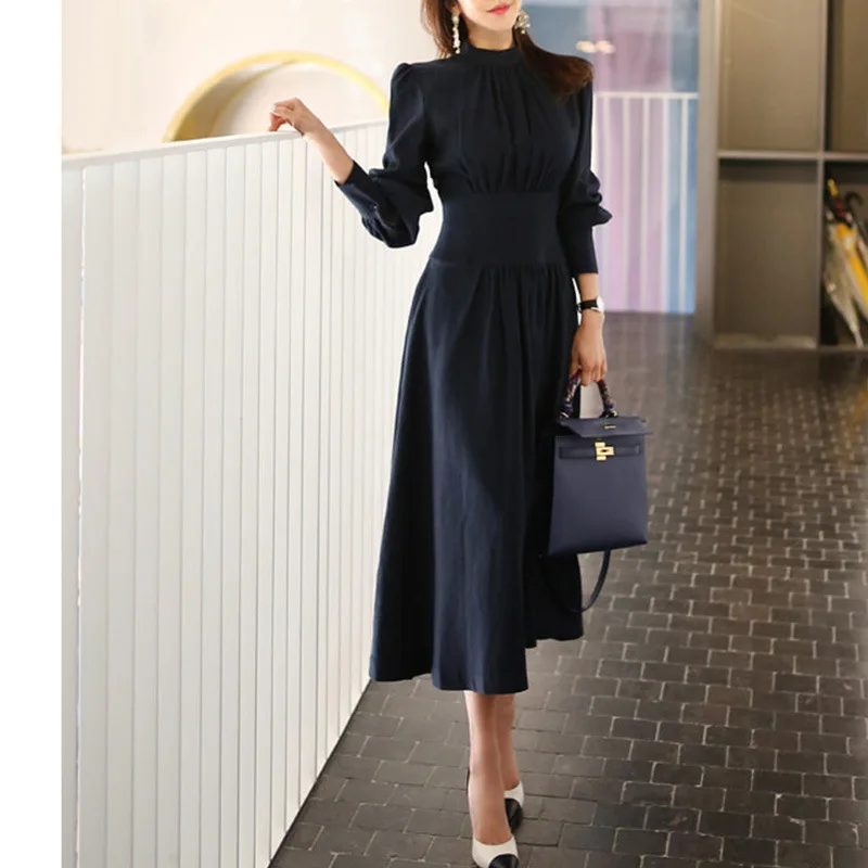 

Autumn new products OL professional temperament stand collar lantern sleeves high waist slim fit drape large swing dress female
