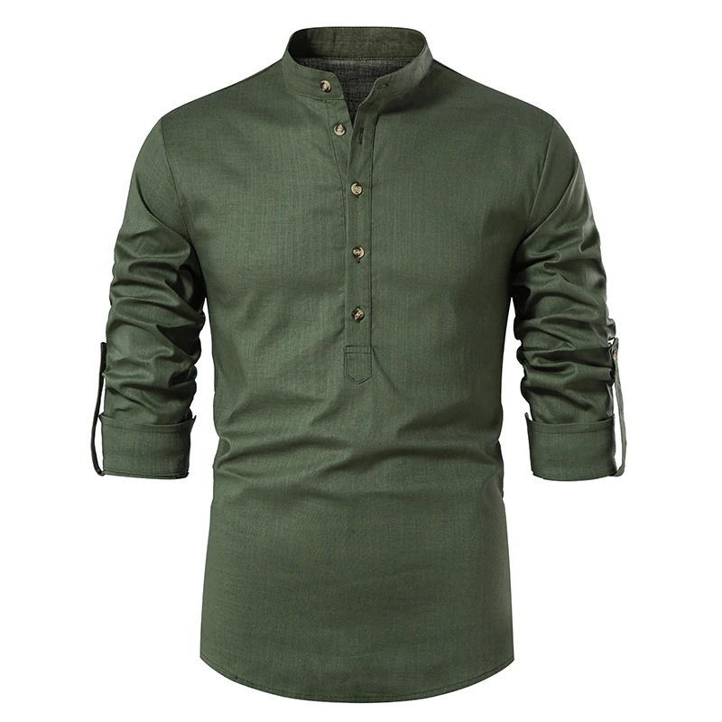 New Men's Linen Henley Shirts Long Sleeve Cotton Shirts Beach Yoga Loose Slim Fit Henley Tops Men's Casual Shirts
