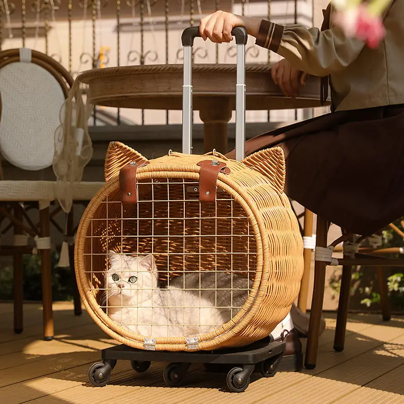 

Portable Cat Bag Pet Trolley Case for Outdoor Cat Moving Bag Bamboo Weaving Dog Stroller Cat Backpack Travel Carrier Trolley