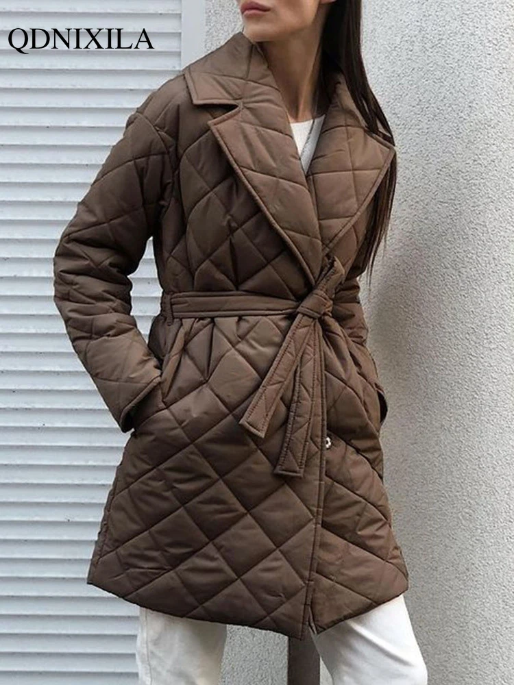 2023 Winter Spring Mid-length Women's Parkas Black Cotton Padded Lace Jacket Light Thin Fashion Elegant Quilted Coats for Women