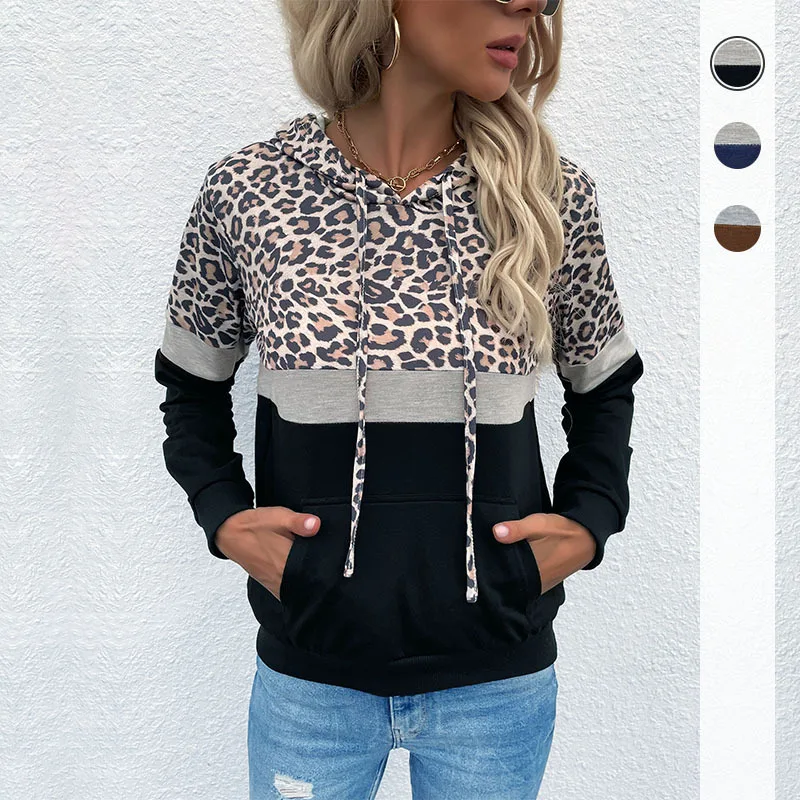 

Autumn new women's sweatshirt with pocket drawstring hooded paneled leopard print hoodies women