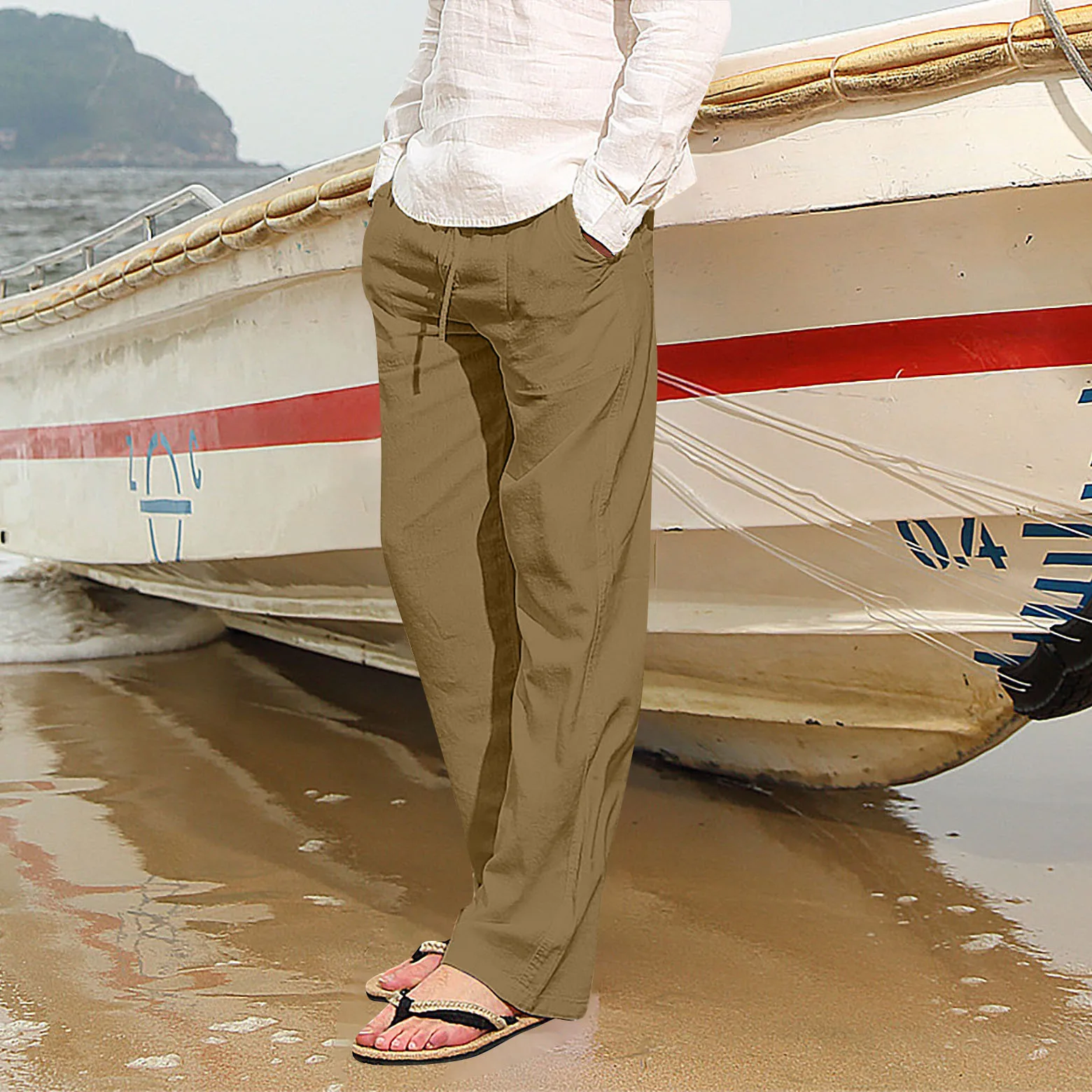 

Natural Linen Comfortable Beach Anti-UV Beach Men's Casual Pants Linen Elastic Waist Trousers Men's Cotton Linen Pants Male