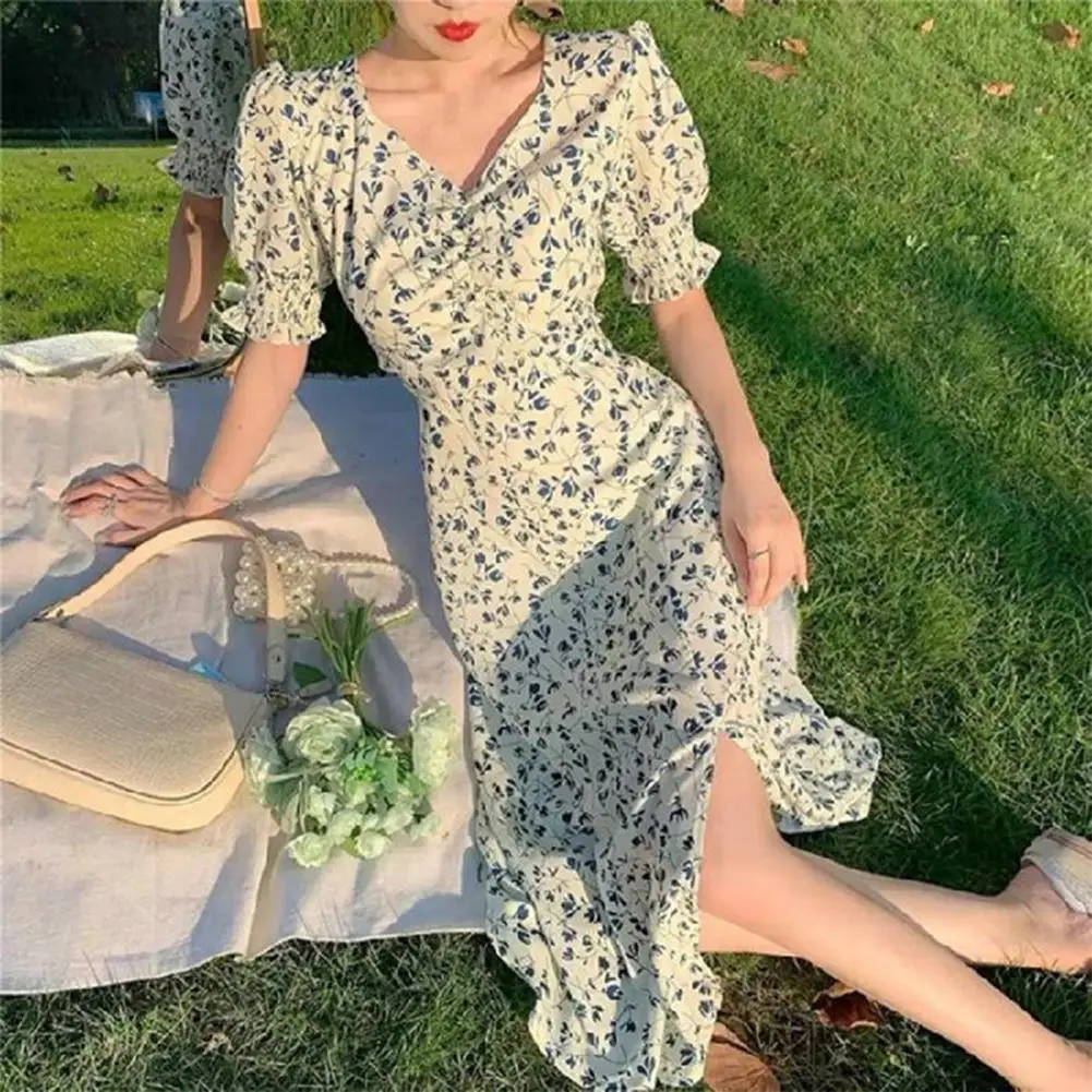 

Women Summer Dress Shirring V-neck Flower Printing Short Sleeves Side Split Dress-up Slim Fit Vintage Party Midi Female Clothes