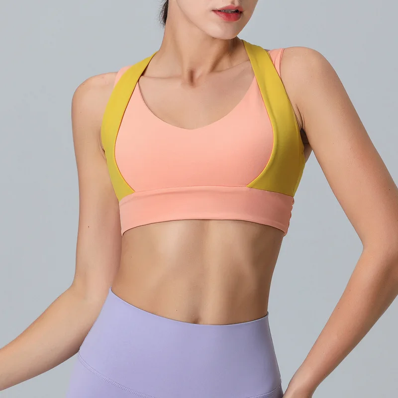 Contrasting Colors Wide Shoulder Straps Yoga Sports Female Bra Clothing Top Women Gym Bralette Backless Fitness Lady Underwear