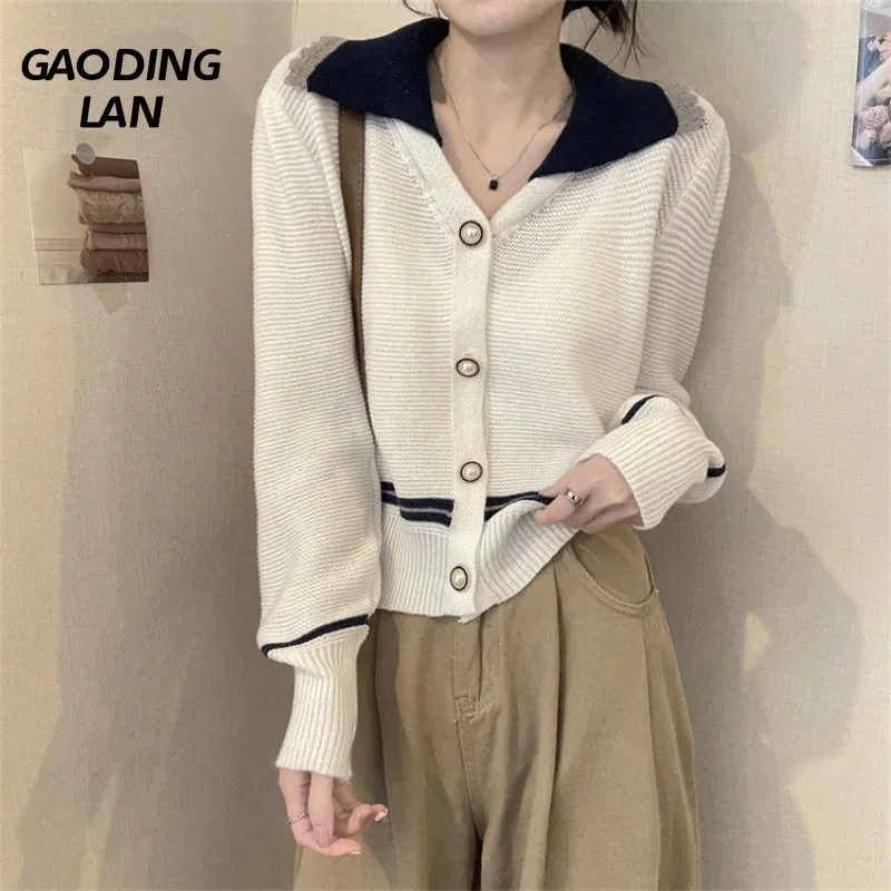 

Vintage Contrast Color Peter Pan Collar Women Sweaters Autumn Winter Long Sleeve Knited Tops Age Reduction Cardigan Sweater Coat
