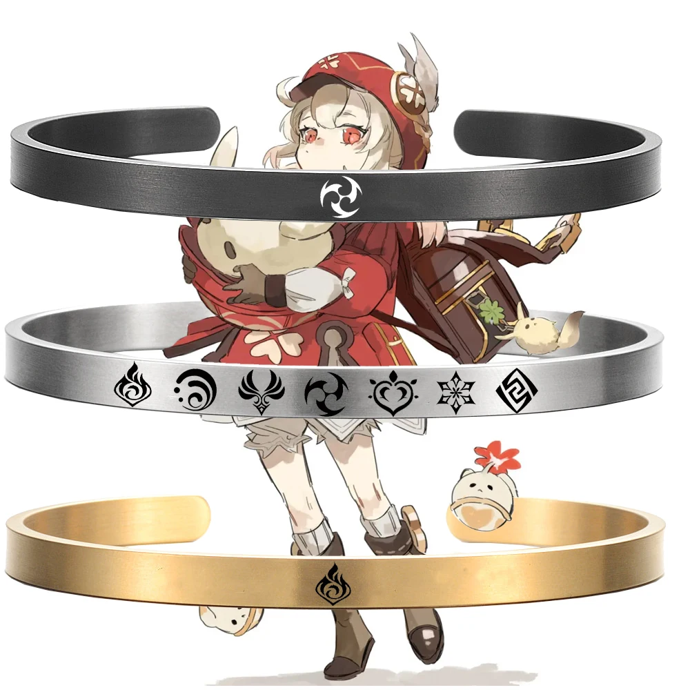 

Game Genshin Impact Bangle Women Men Engraved 7 Elemants Signs Stainless Steel Cuffs Bracelet Jewelry Anime Accessories Gifts
