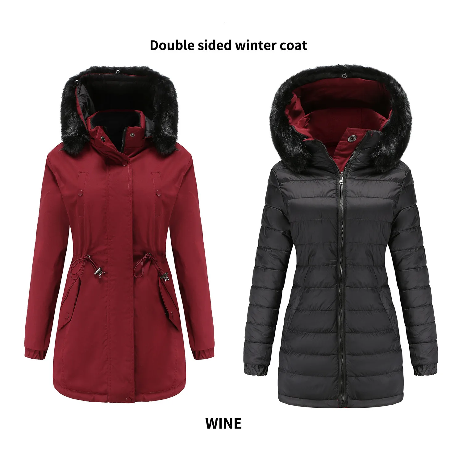 Double-sided Wear Winter Coat Women's Parka Coat Detachable Plush Pluffy Collar Hat Hooded Warm Quilted Coat Jacket Outerwear