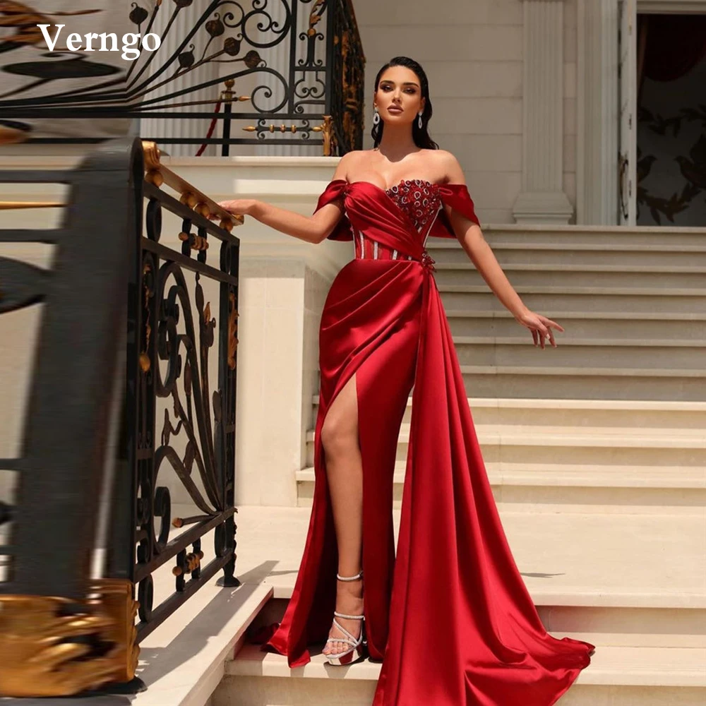 

Красное Атласное Вечернее платье-Русалка Verngo, съемный нарукавник с открытыми плечами, платье для выпускного вечера