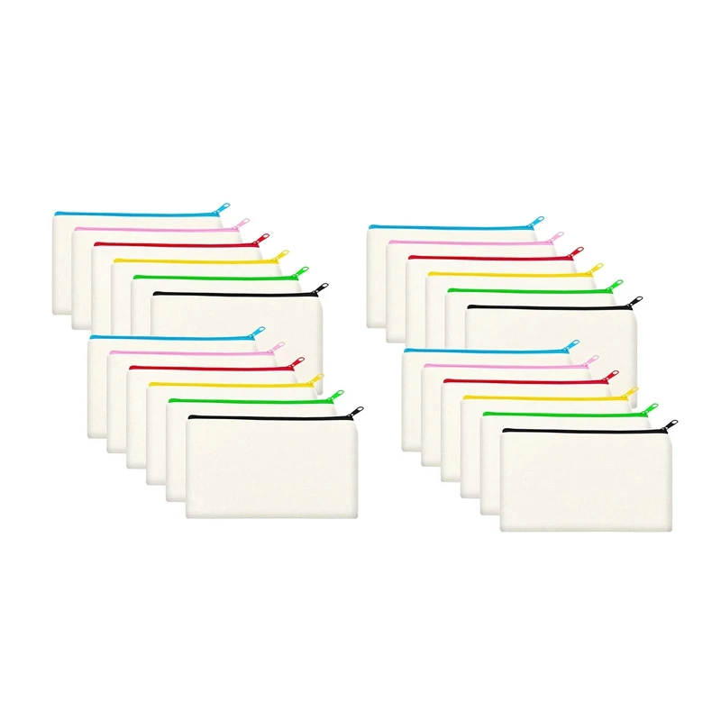 

24 Pack Blank Canvas Makeup Bag,Bulk Cosmetic Bags With Multi-Color Zipper,Canvas Zipper Pencil Case Pouch,DIY Craft