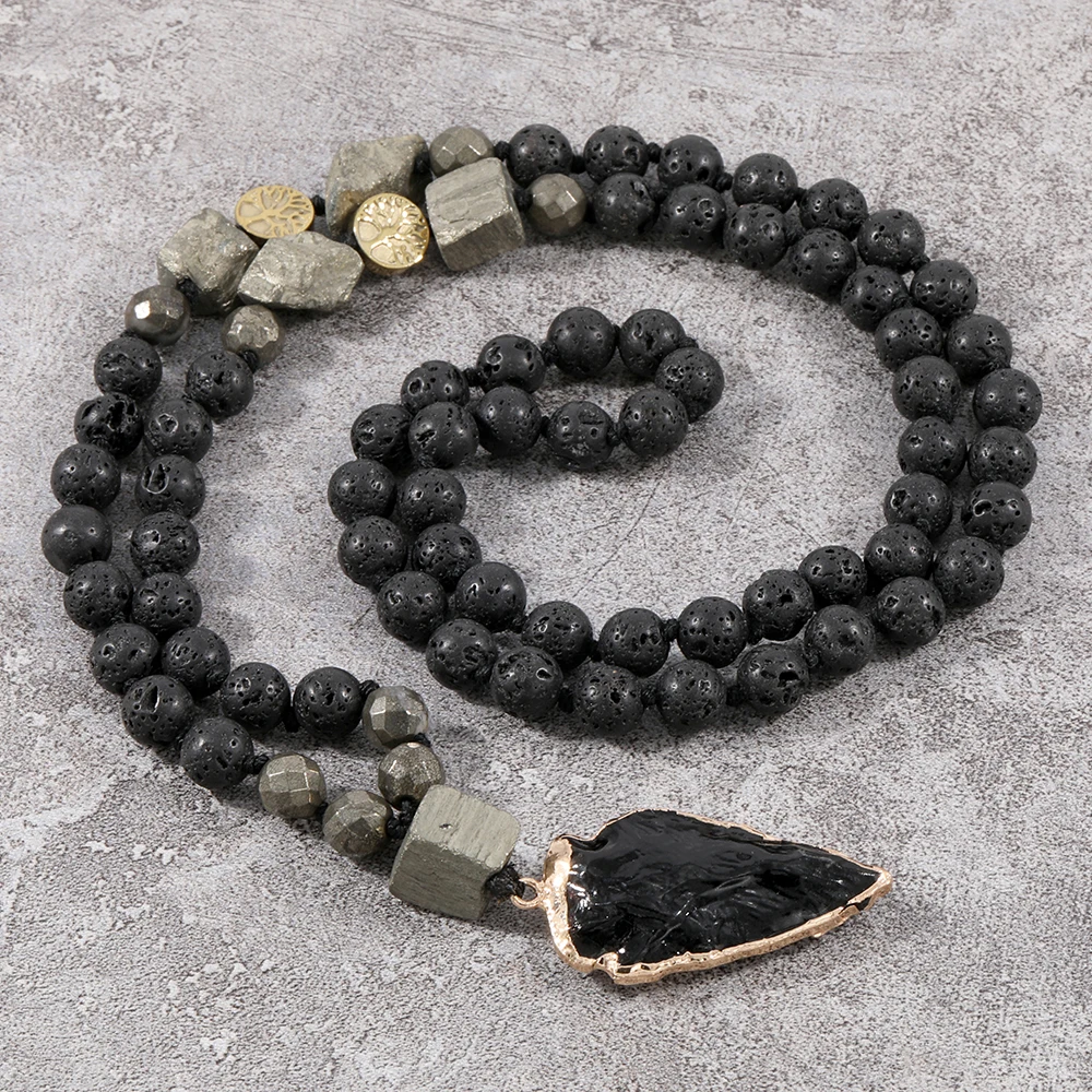 OAIITE 8mm Lava Stone Mala Necklace Bracelet Earrings Set Tree of Life Arrow Pendant Knotted Necklaces For Men Yoga Jewelry