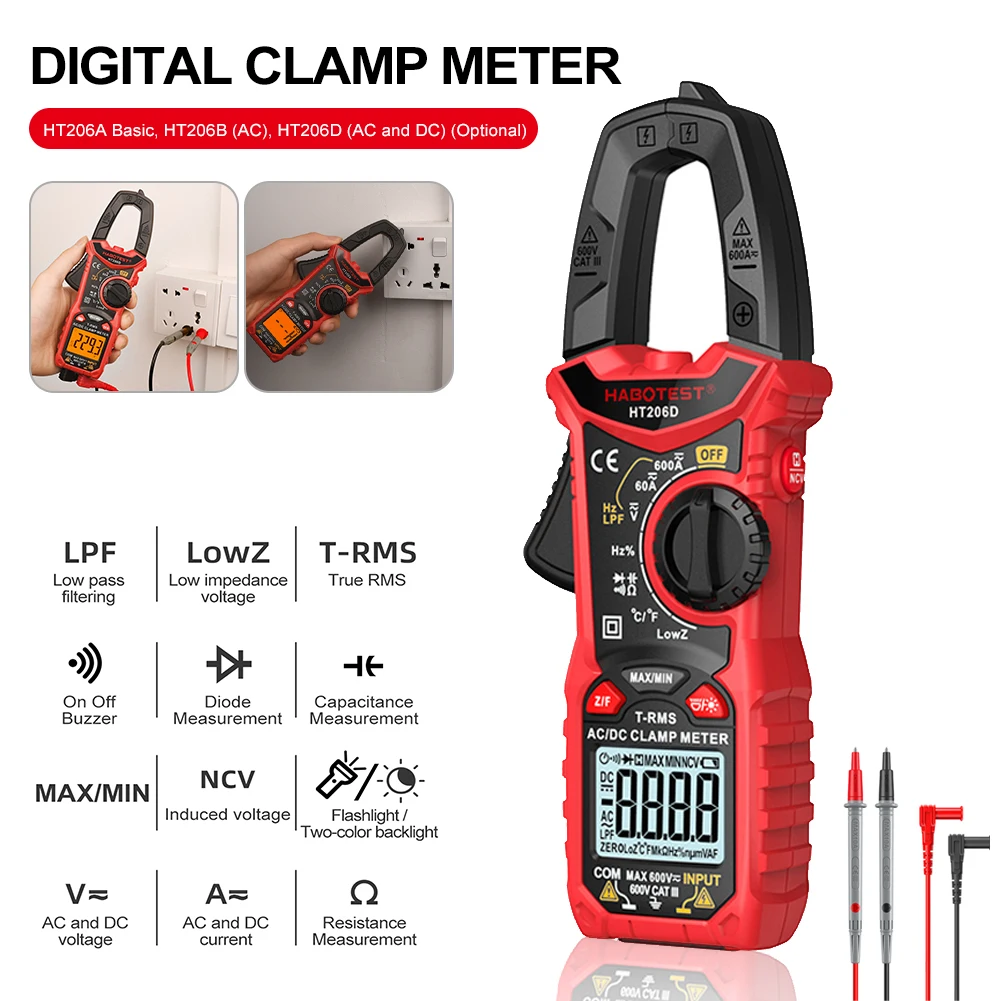 Купи 2023 Digital Clamp Meter HT206A HT206B HT206D 600A AC DC Current Two-color Backlight NCV Voltmeter Ammeter With Leather Case за 1,477 рублей в магазине AliExpress