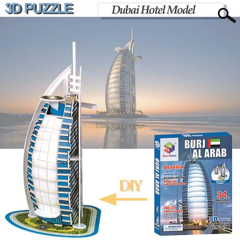 

DIY Dubai Burj Al Arab 3D World Jigsaw Puzzle World Construction Model Kit Assembly Educational Toy for Children Teen Adult Gift