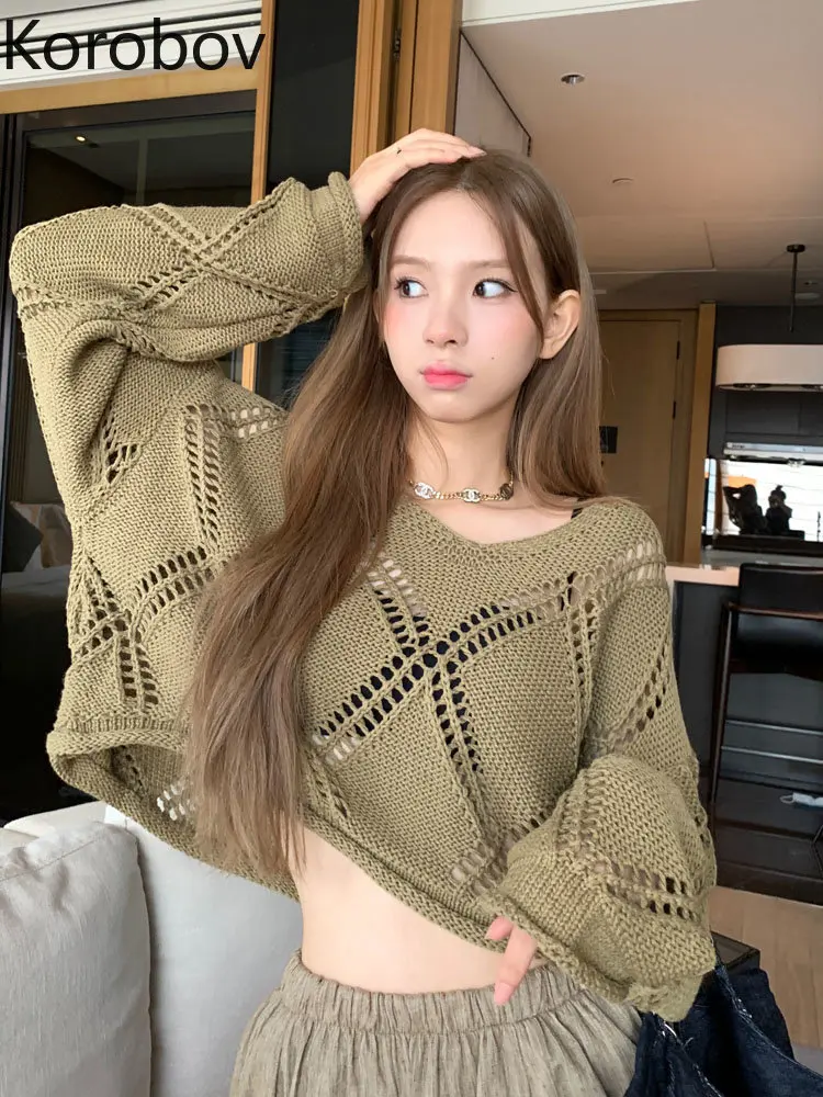 

Korobov Y2k Clothes Lazy V Neck Knitted Crop Tops Hollow Out Loose Pullover Autumn Solid Color Long Sleeves Sueters De Mujer