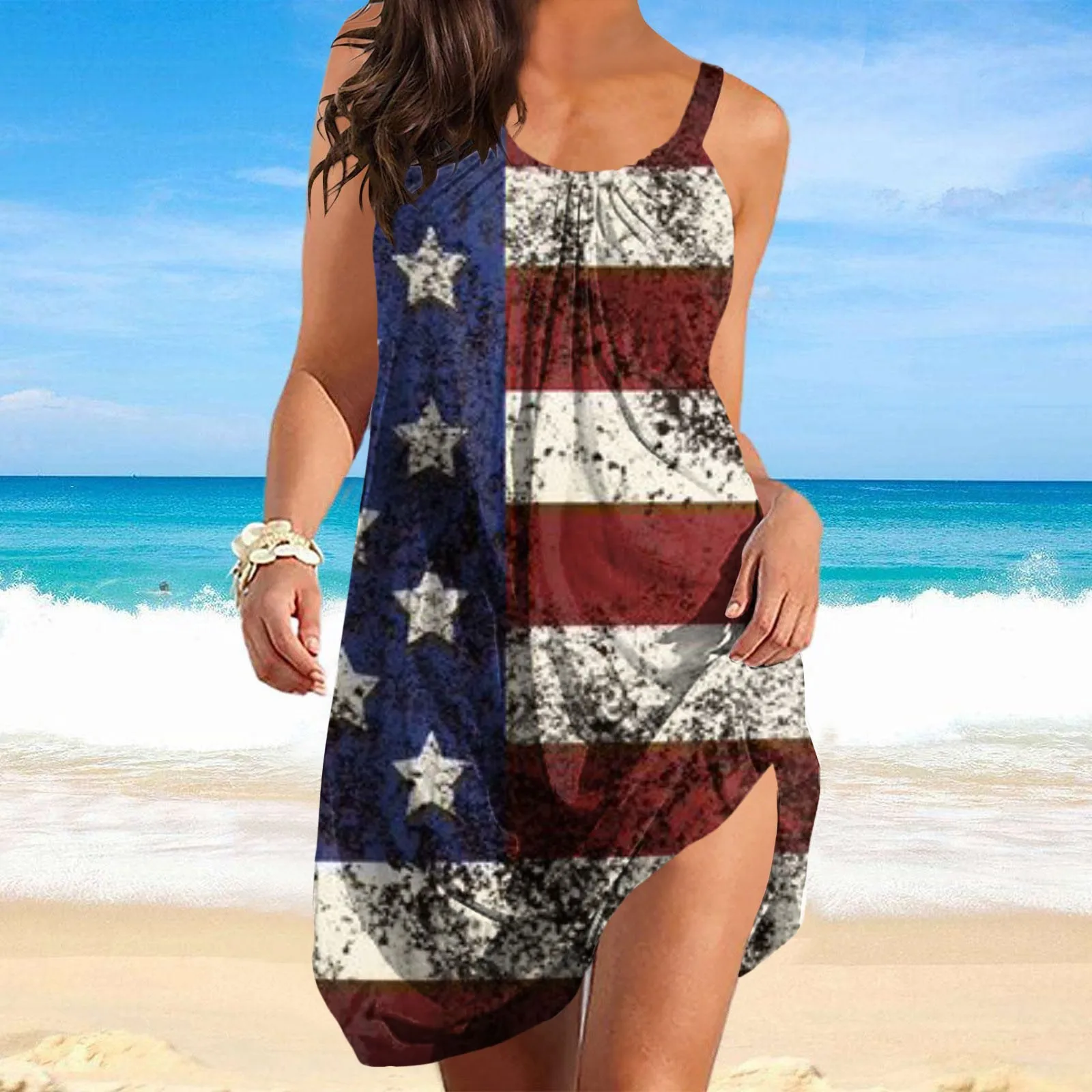 

Women's Summer Round Neck Loose Sleeveless Independence Day 3D Digital Print Sash Skirt Beach Dress Cold Dresses for Women
