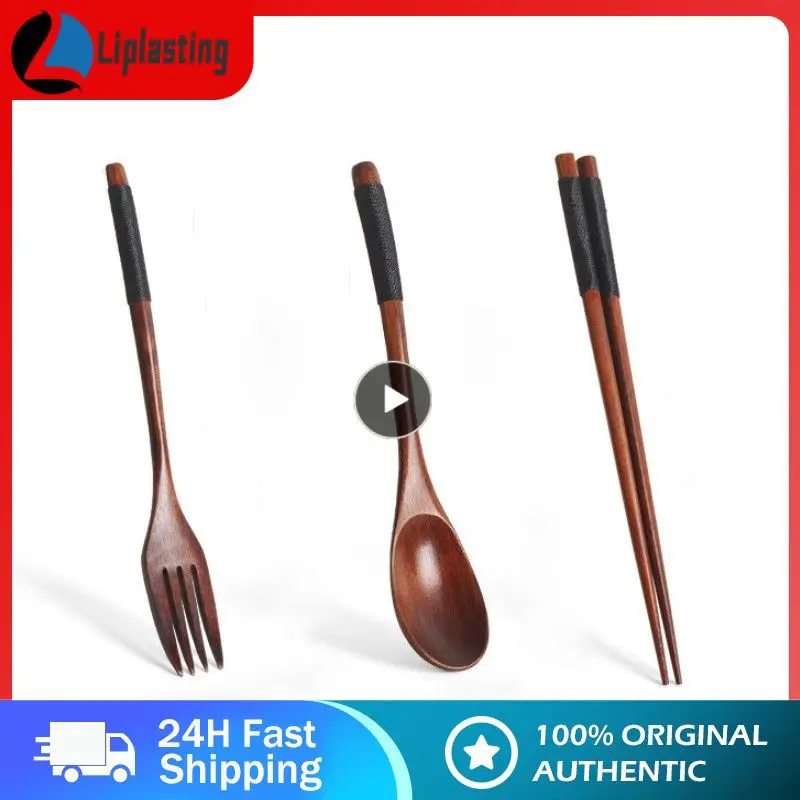 

Korean wooden tableware fork spoon chopsticks 3-piece set solid wood long handle spoon chopsticks portable tableware