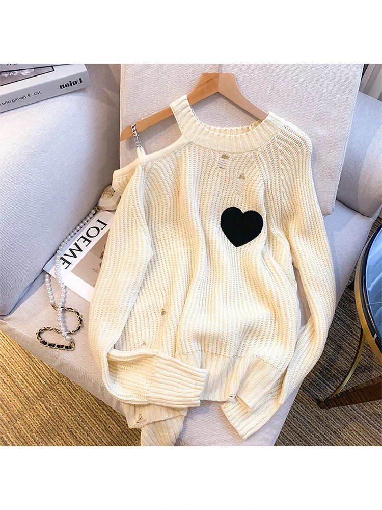 

Apricot Baggy Hollow Out Pullover Sweater Women Autumn Loose Casual Heart Off-the-shoulder Long Sleeve Knitted Jumper Top Female