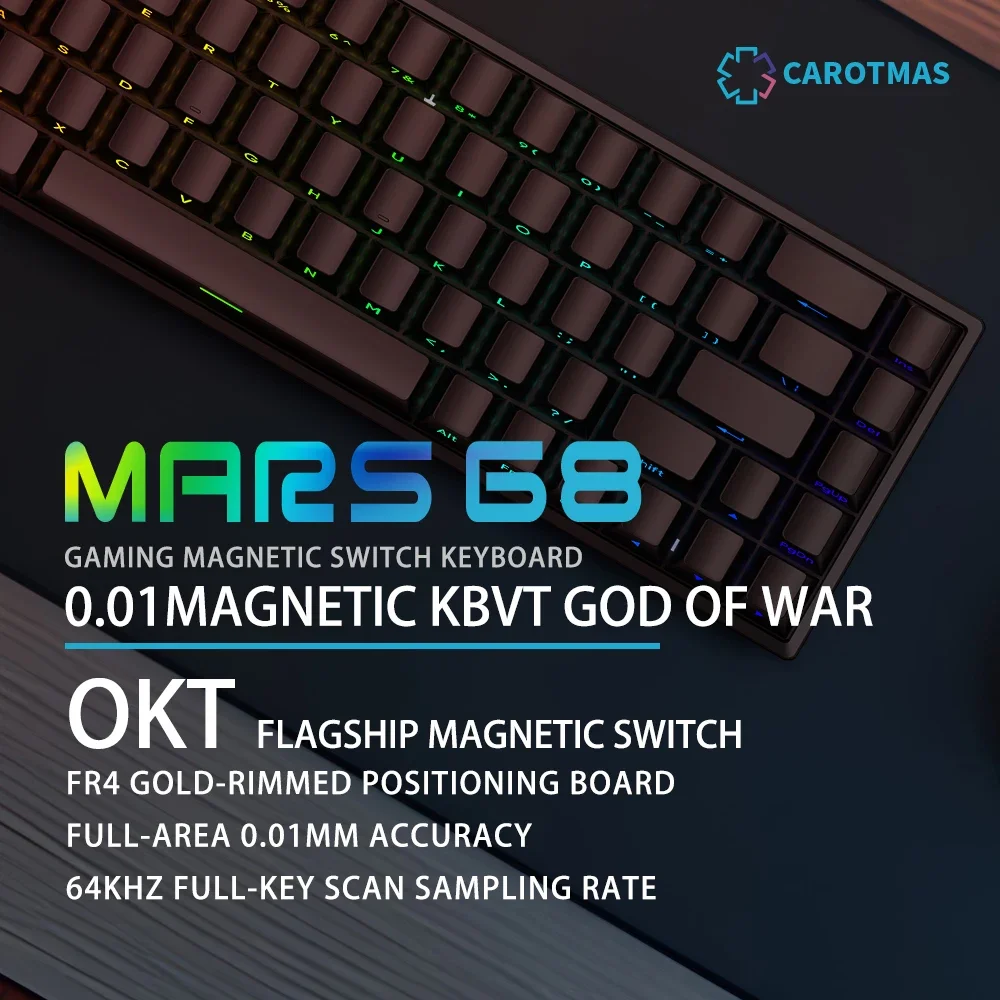 Фото Игровая клавиатура CAROTMAS Mars68 pro с магнитным переключателем 0,01 мм, механическая клавиатура с быстрым триггером, 8K, с возможностью горячей замены, SOCD, Wried/Wireless/Bt №3