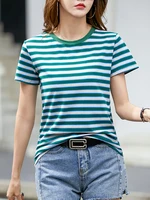 aossviao 2022 summer striped cotton t shirt women casual top o neck short sleeve tee shirt femme vintage womens clothing