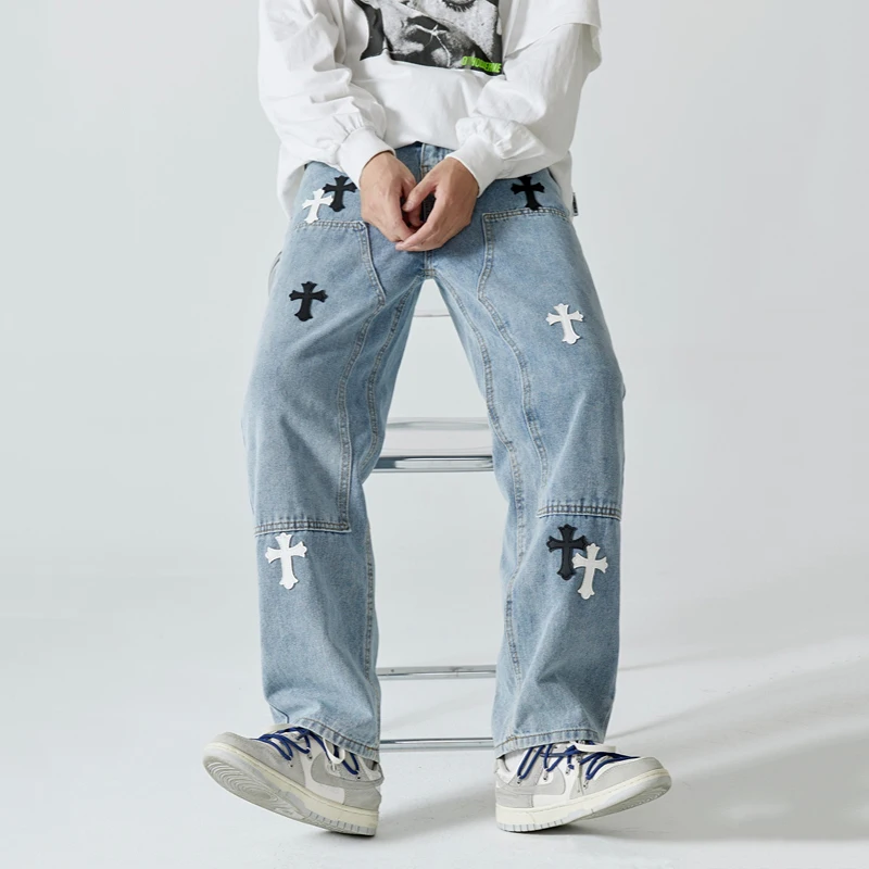 Men's Wide Leg Jeans Unisex Denim Trousers Loose Straight Cut Cross Patch Cargo Pants Hip Hop Trend Men's Loose Pants Streetwear