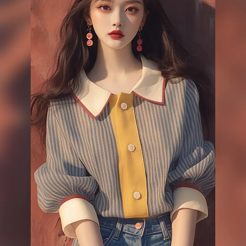 Новинка на раннюю осень Женская однобортная рубашка Boweylun в полоску с рукавом