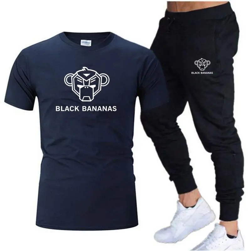 Summer Casual Men's T-shirt + Pants Suit Brand Short Sleeve Set Luxury Printed Cotton Shirts Jogging Sweatpants Male Sportswear