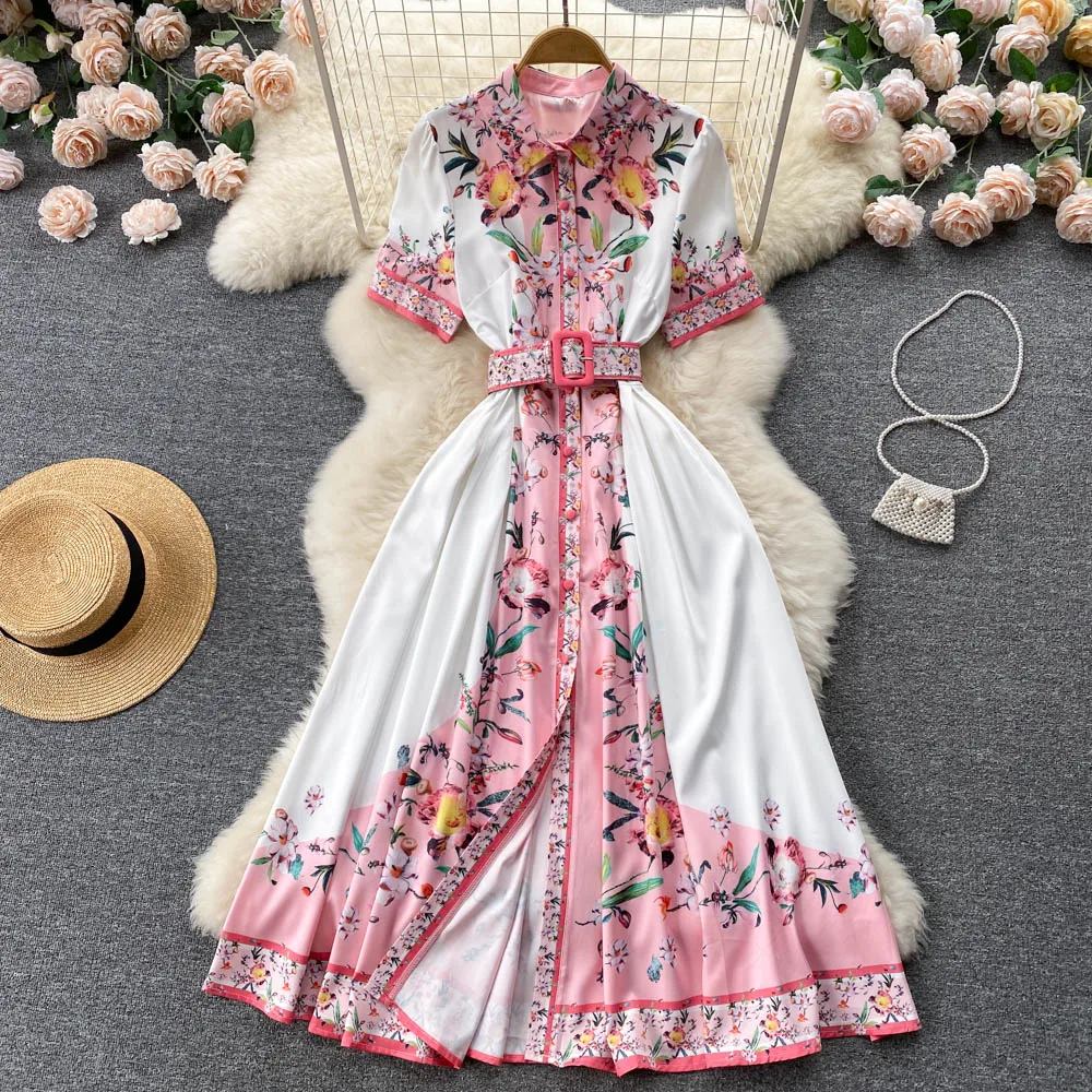 

Court New Fashion Summer Women's Lapel Short Sleeve Single Breasted Slim Elegant Printed Shirt Dress Party Clothes Vestidos G531