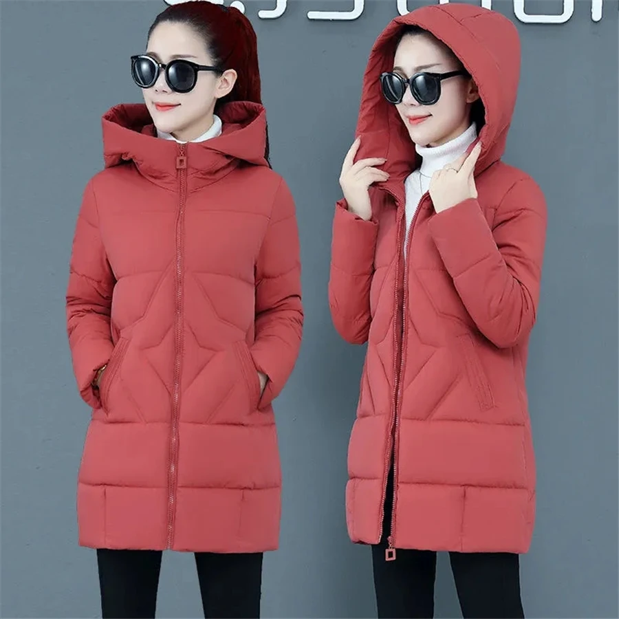 Mid-length Cotton Padded Hooded Loose Women Coat Winter Warm Overcoat Thick Sobretudo Oversized 4XL Outwear Top Red Casual Parka