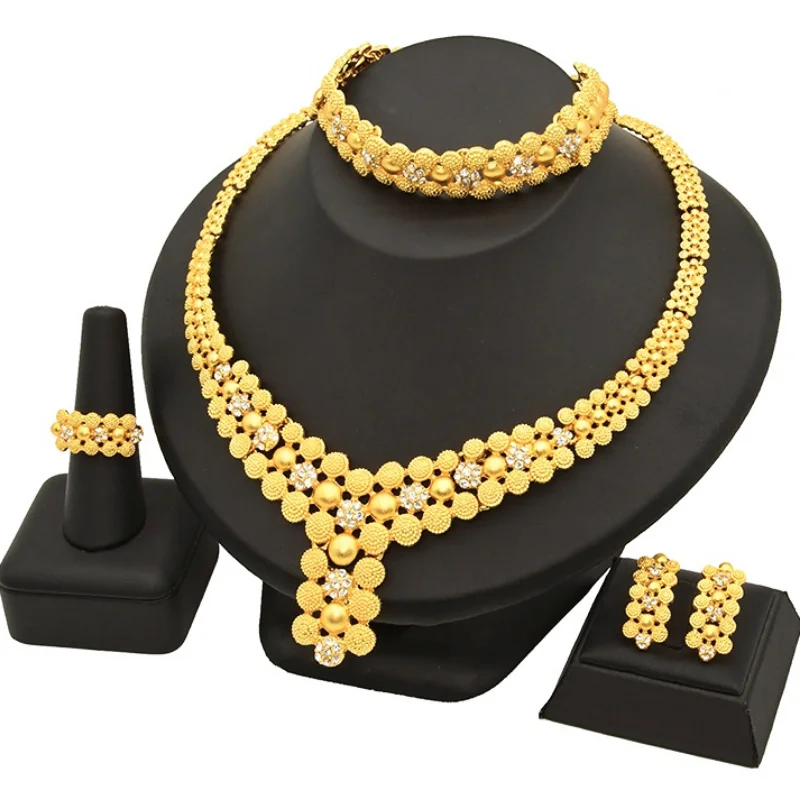 

2023 New Dubai 24K Gold Bridal Necklace Bracelet Earrings Ring India Nigeria Senior Four-piece Jewelry Set Factory Direct Sales