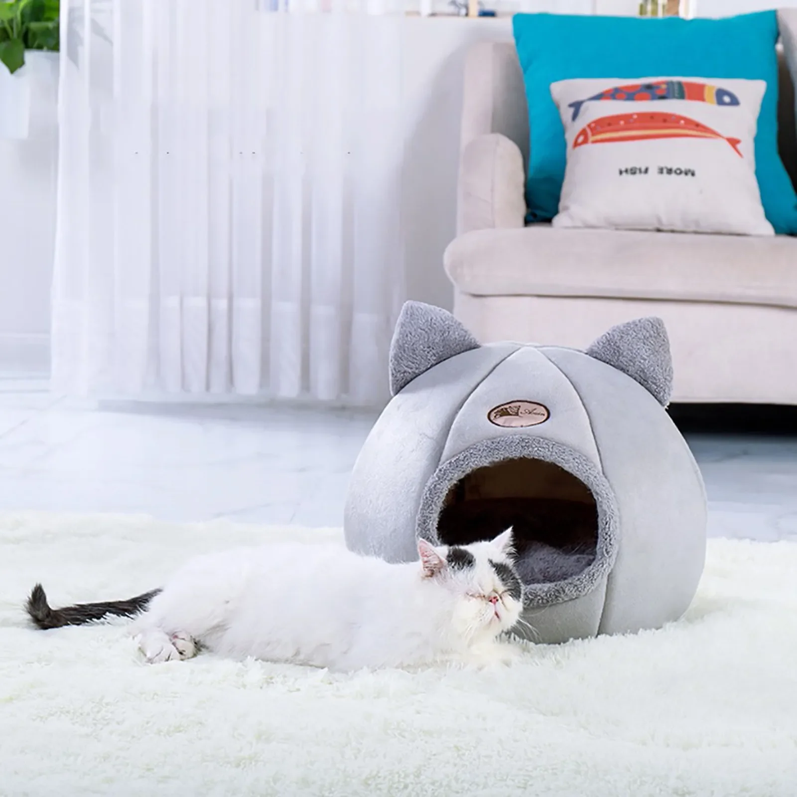 

Cat Bed Deep Sleep House Kennel Cat Ears Cave Kitten Beds Winter Warm Plush Dogs Kennel Pets Tent Cats Accessories For Pet