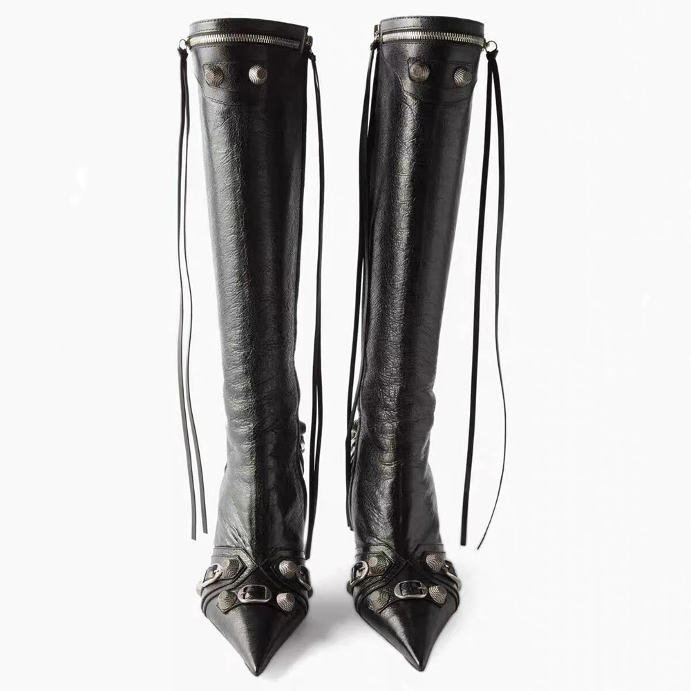 2022 New Women Thigh Full Zip Up Boots Pu Leather High Heel Fashion Buckle Slim Tassel Black Long Knee Boots Pointed Toe Shoes