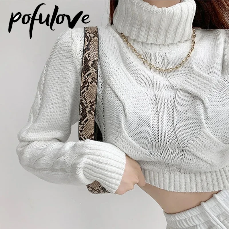 

Sweater Women's Turtleneck Pullover Short Knitwear White Sexy Loose Navel Long Sleeve Top Trending Sweater Autumn and Winter