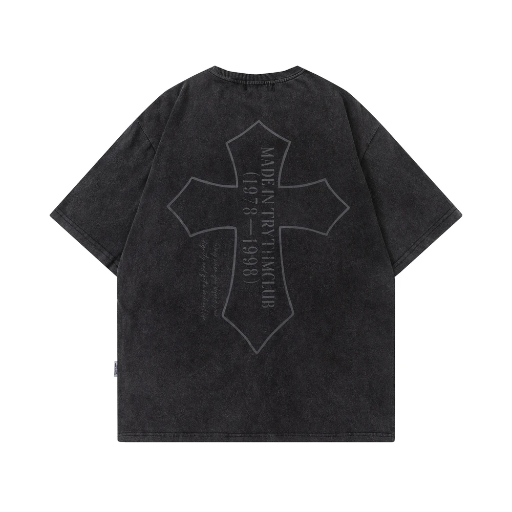 

Cross Print Short Sleeve T-shirt Women's Gothic Washed Black Retro Distressed Loose 2023 Summer Streetwear Cotton Tops Tees