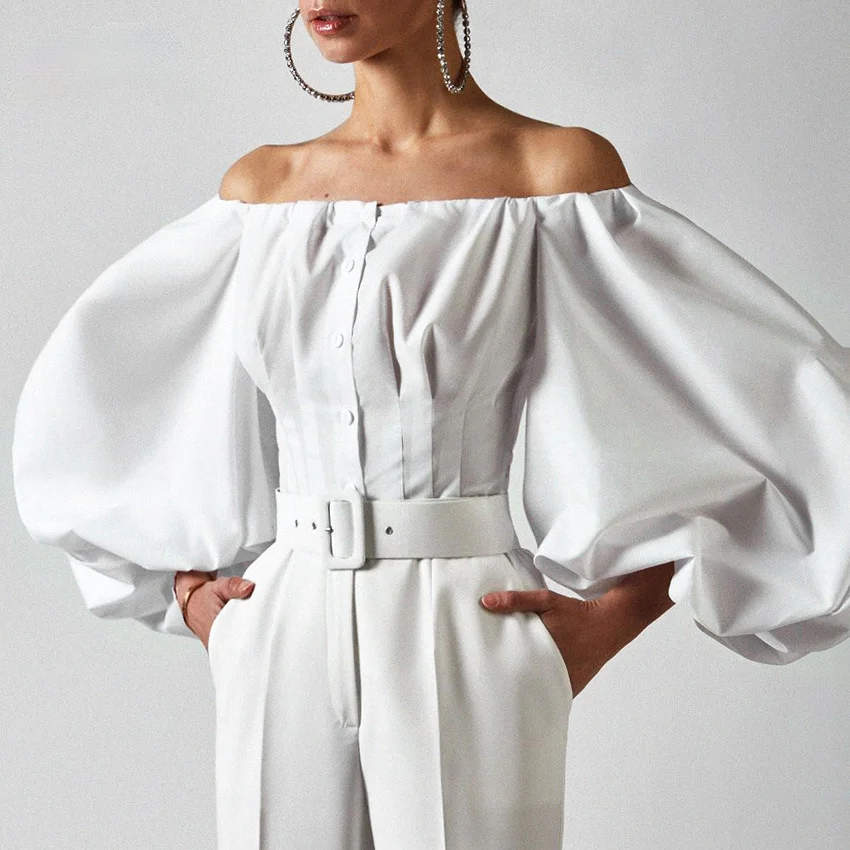 

White Lantern Sleeve Elegant Khaki Blouse Women Sexy Party Off Shoulder Top Ladies White Black Shirt 100% Cotton Blouse