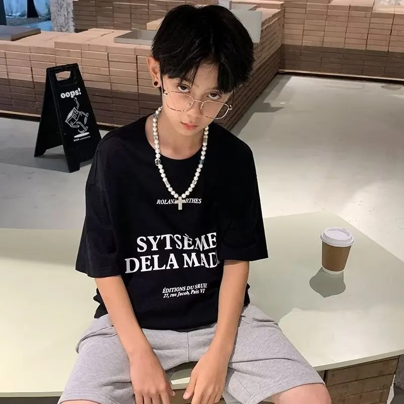 

Summer Lettering Street Quarter Sleeved Round Neck Children's Clothing New Popular Harajuku T-shirt Loose And Lazy Trend
