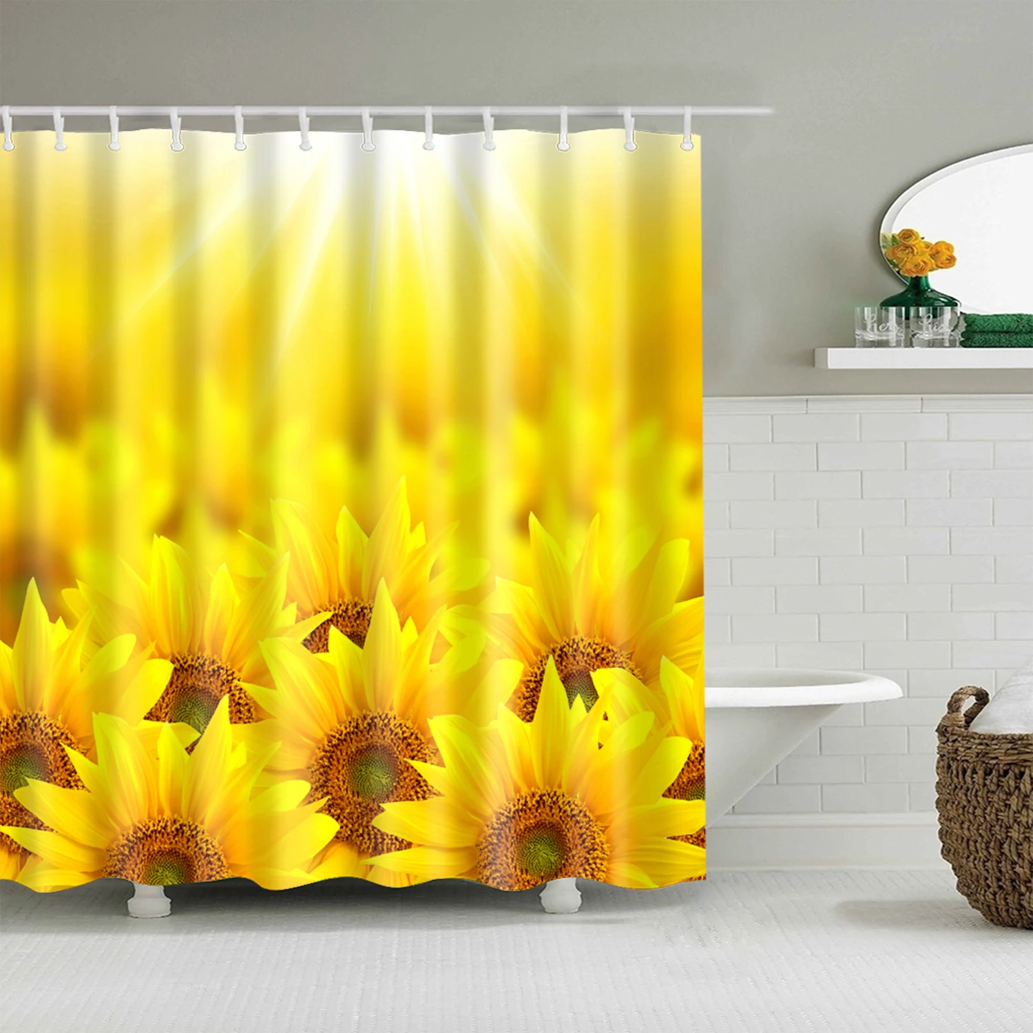 

Tropical Green Plant Palm Leaf Cactus Sunflower Seaside Sea Scenic Bathroom Shower Curtain Bath Curtain Frabic with Hooks