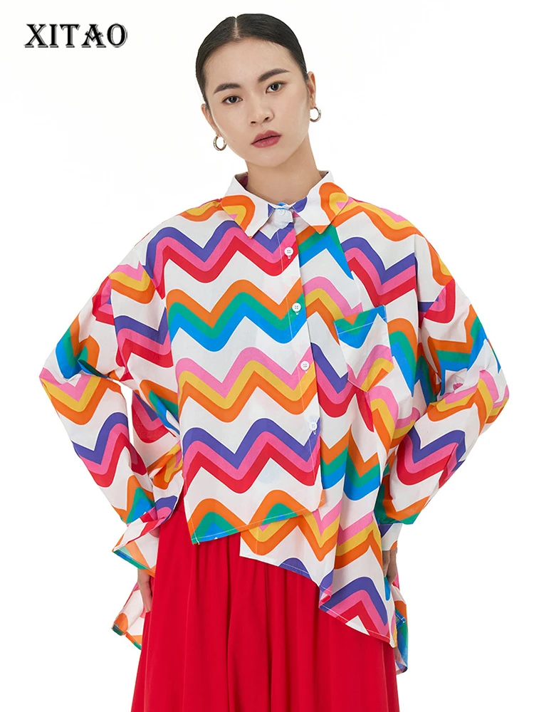 

Женские Асимметричные рубашка цвета радуги XITAO, асимметричный полосатый топ в тонкую полоску, осень, Новое поступление, HQQ1566