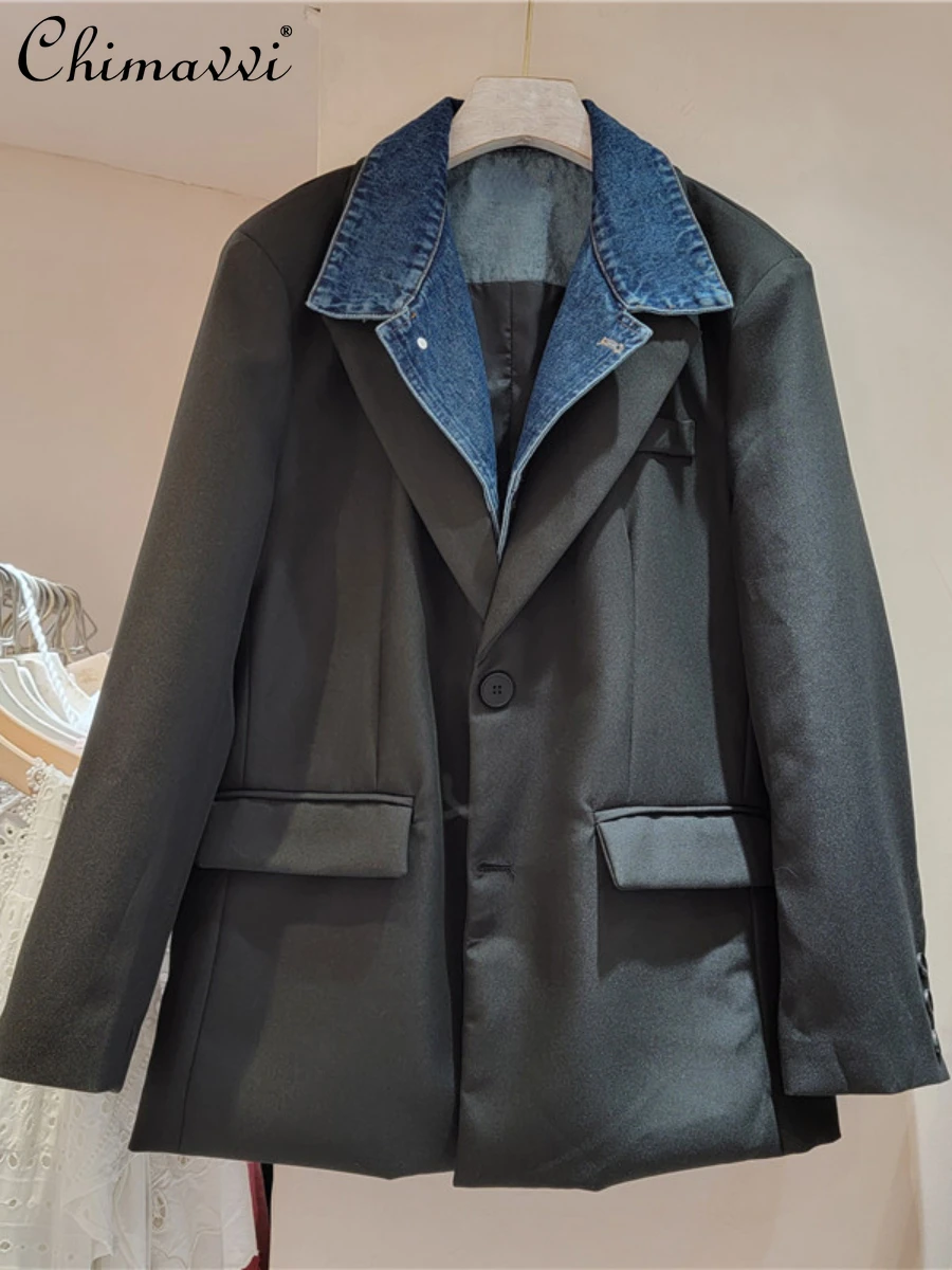 

Высококачественная Черная куртка для женщин 2023 осенняя одежда Новинка модные джинсовые блейзеры с вышивкой и лацканами Свободные повседневные женские топы