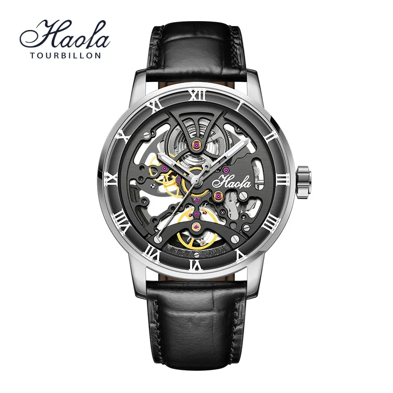 Фото Мужские механические наручные часы Haofa Skeleton Automatic, роскошные вращающиеся часы с сапфировым стеклом и керамической шкалой, relogio masculino 1933 №1