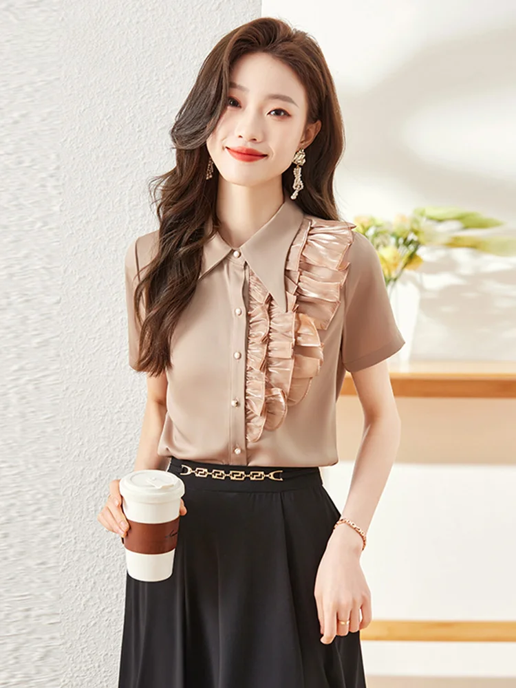 Рубашка с коротким рукавом французская рубашка рюшами и